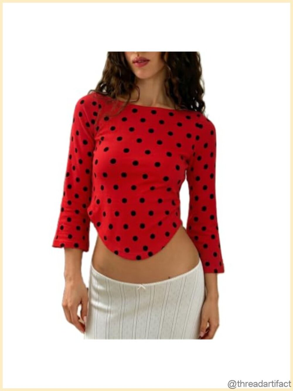 Polka Dot Boat Neck 3/4 Sleeve Crop Top Slim Fit Y2K Tee